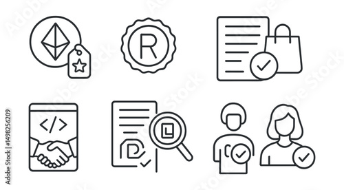 Line style icons of Web3 licensing: brand licensing token, trademark registry badge, merchandising rights contract, logo use permission, brand co-licensing smart contract, brand identity verification