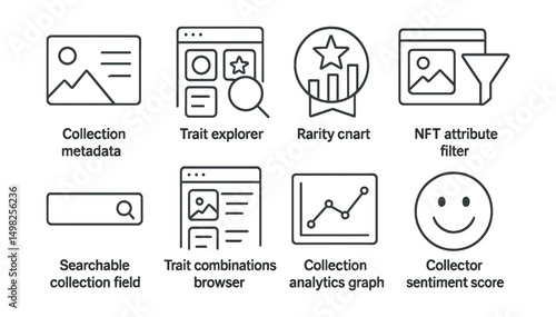 Line style icons of NFT galleries: collection metadata viewer, trait explorer icon, rarity chart badge, NFT attribute filter, searchable collection field, trait combinations browser, collection