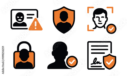 Two-Color vector icons of digital identity protection: ID theft alert, secure profile, facial verification, digital signature. Identity lock, account verification, consent icon, secure form.