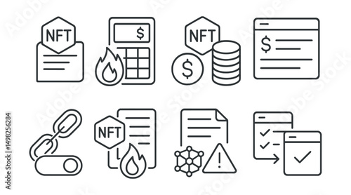 Line style icons of NFT crafting: mint cost estimator, gas fee calculator, mint batch pricing icon, cost breakdown panel, network selection toggle, optimized gas mode, mint-on-demand icon,