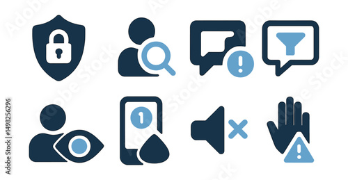Two-Color vector icons of social media safety: privacy settings, follower review, DM alert, comment filter. Account visibility, story limit, mute function, report abuse.