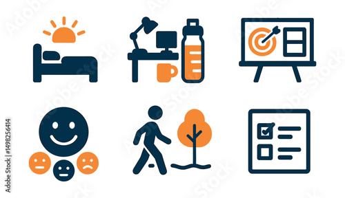 Two-Color vector icons of daily remote rituals: morning routine, desk prep, water bottle, goal board. Mood tracker, break walk, sunset finish, checklist done.