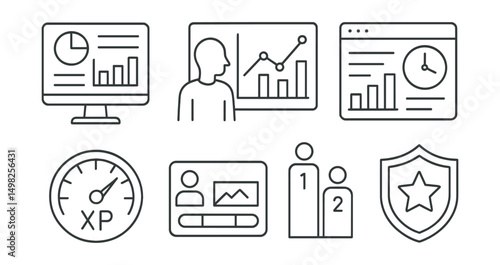 Line style icons of NFT education: learning analytics dashboard, student performance graph, quiz accuracy tracker, time spent per module, XP gain meter, skill acquisition progress, leaderboard of