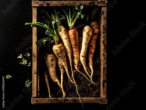An Old Wooden Crate Filled with Mixed Root Vegetables, Dirt and Textures Visible