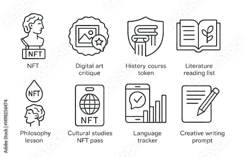 Line style icons of NFT education: arts & humanities NFT icon, digital art critique badge, history course token, literature reading list icon, philosophy lesson drop, cultural studies NFT pass,