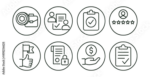 Line style icons of remote Web3 work (circular): gig economy token, freelance proposal circle, task bidding badge, client review ring, milestone approval bubble, escrow contract circle, payment