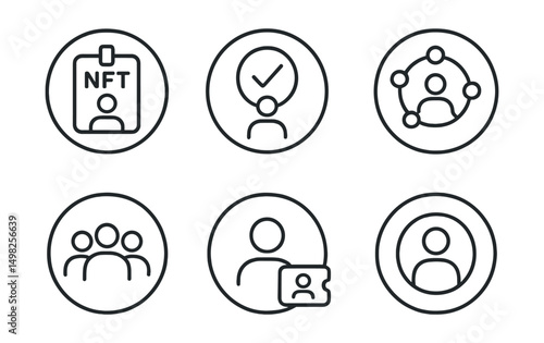 Line style icons of remote Web3 work (circular): circular NFT work ID, verified contributor ring, DAO role badge, proof of contribution token, team membership icon, identity halo badge, contributor