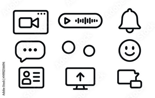 Outline with Fill icon set for virtual communication: video call window, voice message, chat bubble, notification bell, online status, emoji reaction, contact list, screen sharing.