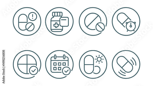 Line style icons of pharmacy (circular): medication alert badge, refill notification icon, missed dose reminder, dosage alarm bubble, daily schedule tracker, treatment calendar, time-of-day indicator