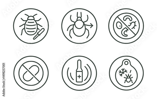 Line style icons of veterinary care (circular): flea treatment icon, tick removal badge, parasite prevention ring, ear mite medicine, anti-worm tablet bubble, spot-on applicator icon, pest defense