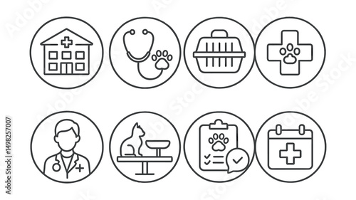 Line style icons of veterinary care (circular): vet clinic building icon, stethoscope with paw, pet carrier ring, animal hospital cross, veterinarian avatar badge, pet exam table, checkup clipboard