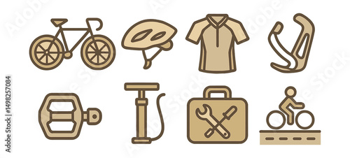 Outline with Fill style icons of cycling: road bike, helmet, cycling jersey, water bottle cage, pedal, bike pump, repair kit, bike path icon.