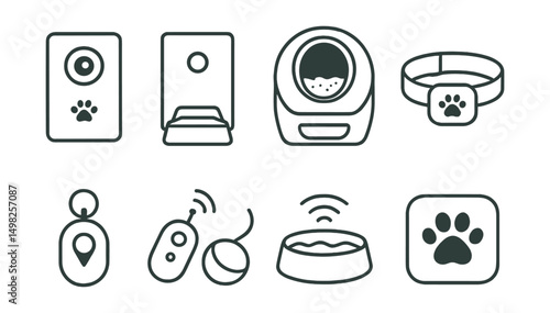 Line style icons of pet care: pet camera, smart feeder, automatic litter box, activity tracker collar, GPS pet tag, remote pet toy, smart water bowl, pet app icon.