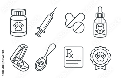 Line style icons of veterinary pharmacy: animal prescription bottle, pet syringe, chewable tablet for dogs, liquid dropper for cats, pill cutter tool, dosing spoon for pets, prescription label,
