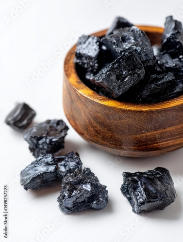 Solid shilajit resin chunks displayed in a wooden bowl on a clean white background with soft lighting