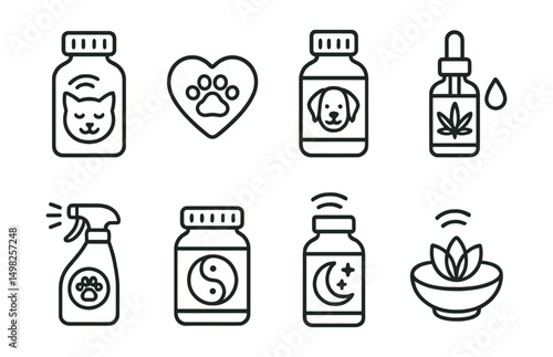 Line style icons of veterinary pharmacy: calming supplement for pets, anti-anxiety chew, stress relief formula, CBD oil for animals, pheromone spray icon, behavior support blend, sleep aid supplement