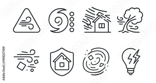 Line style icons of extreme weather: high wind alert, hurricane category scale, wind destruction icon, tree uprooted by wind, debris in air, roof damage badge, storm debris swirl, power outage icon.