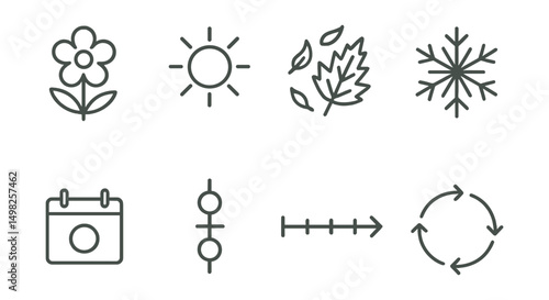 Line style icons of seasonal changes: spring bloom icon, summer sun badge, autumn leaf fall, winter snowflake, equinox calendar, solstice marker, seasonal timeline chart, nature’s cycle wheel.