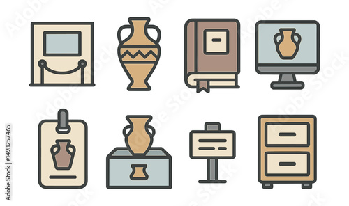 Outline with Fill icon set for museums and archives: exhibition hall, ancient artifact, preserved book, digital archive, museum pass, collection box, artifact label, storage cabinet.