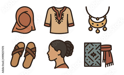 Outline with Fill style icons of fashion and identity: headscarf, embroidered tunic, cultural jewelry, patterned fabric, wooden sandals, traditional hairstyle, textile motif, belt sash.