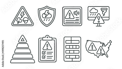 Line style icons of extreme weather: multi-hazard alert icon, national warning badge, emergency broadcast panel, disaster zone sign, hazard severity chart, all-hazard checklist, warning level tracker
