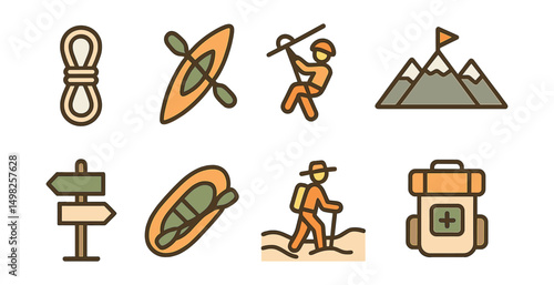 Outline with Fill vector icons of adventure tourism: climbing rope, kayak, zip line, mountain top, trail sign, rafting boat, desert hike, survival pack.