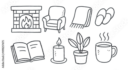 Hand-drawn vector icons of cozy home: fireplace, comfy chair, blanket, slippers, book, candle, indoor plant, mug of tea.