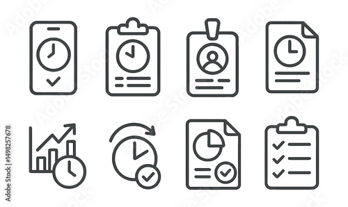 Line style icons of time: time tracking app, timesheet icon, clock-in badge, hourly log symbol, time usage graph, productivity tracker, time audit chart, record hours icon.