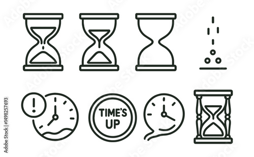 Line style icons of time: hourglass full, half hourglass, empty hourglass, sand dropping icon, time limit alert, time’s up badge, flowing time symbol, vintage hourglass.