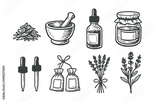 Hand-drawn vector icons of herbal apothecary: dried herbs, mortar and pestle, tincture bottle, herbal tea jar, droppers, labeled sachets, bundle of lavender, botanical illustration.