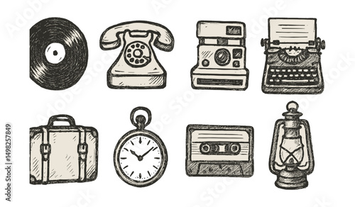 Hand-drawn vector icons of vintage items: vinyl record, rotary phone, polaroid camera, typewriter, old suitcase, pocket watch, cassette tape, lantern.