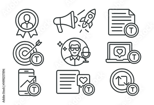 Line style icons of token launches: project AMA badge, launch announcement speaker, press release icon, token marketing campaign, influencer promotion badge, community shill task, social media promo