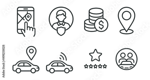 Line style icons of ride-hailing services: app ride request, driver profile badge, estimated fare icon, pickup point marker, ride in progress, arrival alert, user rating icon, carpooling badge.