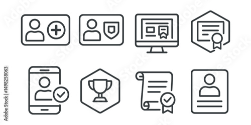 Line style icons of digital identity: health record ID token, medical identity credential, education certificate ID, diploma NFT badge, digital license verification, proof of skill NFT, verified