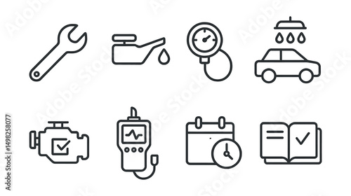 Line style icons of vehicle maintenance: wrench icon, oil change symbol, tire pressure gauge, car wash, engine check light, diagnostic tool, scheduled service, maintenance log.