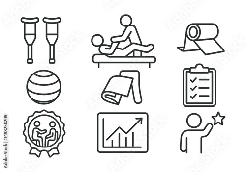 Line style icons of rehabilitation: crutches, physical therapy icon, exercise ball, stretch band, rehab checklist, therapy session badge, healing progress graph, patient motivation icon.