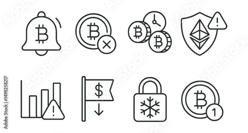 Line style icons of crypto staking: staking alert bell, missed reward notification, reward distribution delay icon, validator downtime alert, staking performance warning, yield drop flag, staking