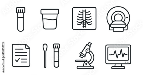 Line style icons of medical tests: blood test tube, urine sample, X-ray scan, MRI machine, test results sheet, swab sample icon, lab microscope, diagnostic monitor.