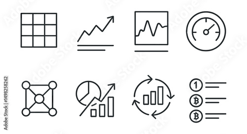 Line style icons of crypto forecasts: market heatmap icon, asset momentum score, relative strength chart, overbought/oversold indicator, asset correlation matrix, market dominance shift, sector