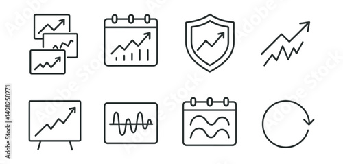 Line style icons of crypto forecasts: multi-timeframe forecast tool, weekly trend forecast, daily outlook badge, intraday momentum arrow, long-term projection chart, short-term volatility zone,