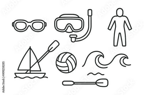 Line style icons of water sports: swimming goggles, diving mask, snorkel, kayak paddle, sailboat, water polo ball, wave icon, wetsuit.