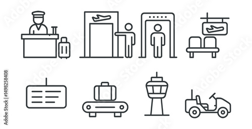 Line style icons of airport experience: check-in counter, boarding gate, security scanner, waiting lounge, flight info board, luggage conveyor, air traffic tower, shuttle cart.