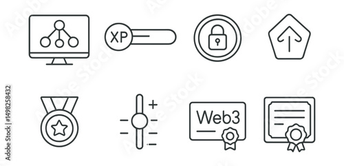 Line style icons of blockchain gaming: skill tree upgrade screen, XP progress bar, talent point icon, ability unlock badge, level-up token, progress milestone medal, stat distribution tool, Web3