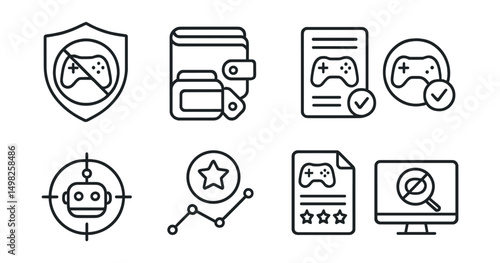 Line style icons of blockchain gaming: anti-cheat verification badge, wallet-linked fair play tag, contract-based score validation, proof-of-play mechanic, bot detection icon, Web3 player trust score
