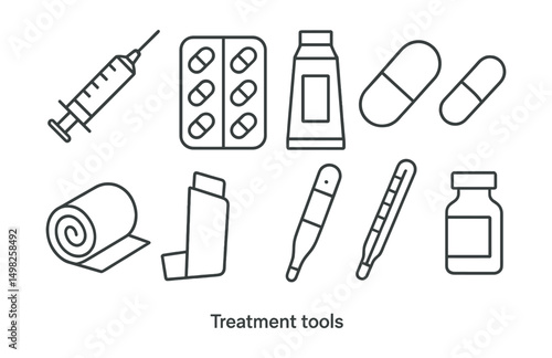 Line style icons of treatment tools: syringe, pill blister pack, ointment tube, capsule, bandage roll, inhaler, thermometer, injection vial.