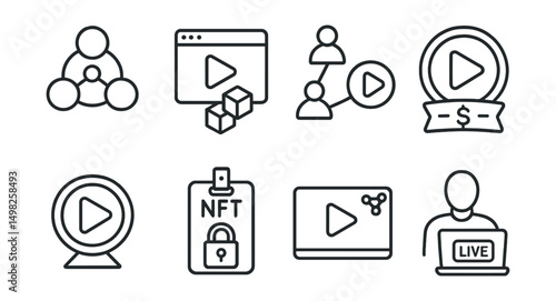 Line style icons of Web3 streaming: decentralized streaming icon, blockchain video platform, peer-to-peer content delivery, stream-to-earn badge, NFT video access pass, live content token gate,
