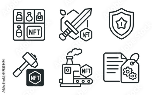 Line style icons of blockchain gaming: NFT item inventory, tokenized weapon icon, equipment upgrade badge, durability meter for NFTs, NFT item forging tool, item minting station, ownership record