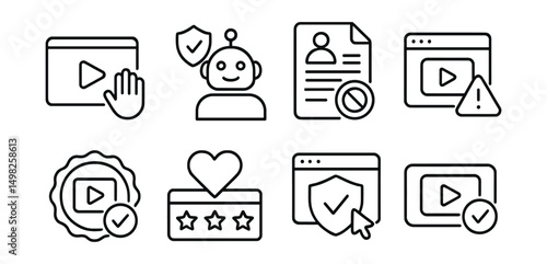 Line style icons of Web3 streaming: emergency stream stop, smart moderation icon, token-gated ban list, report abuse system, live content audit badge, community trust score, platform safety protocol,