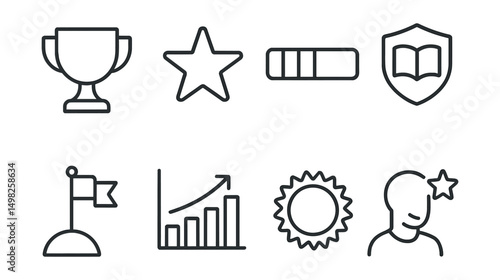 Line style icons of academic motivation: trophy icon, achievement star, progress bar, learning badge, milestone flag, motivation chart, reward sticker, proud moment icon.