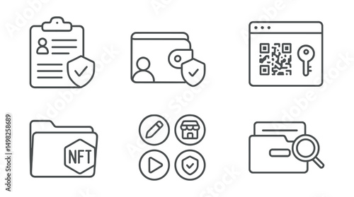 Line style icons of Web3 licensing: user license inventory, personal rights wallet, license key QR code, license metadata viewer, NFT license folder, collection of rights icons, searchable license